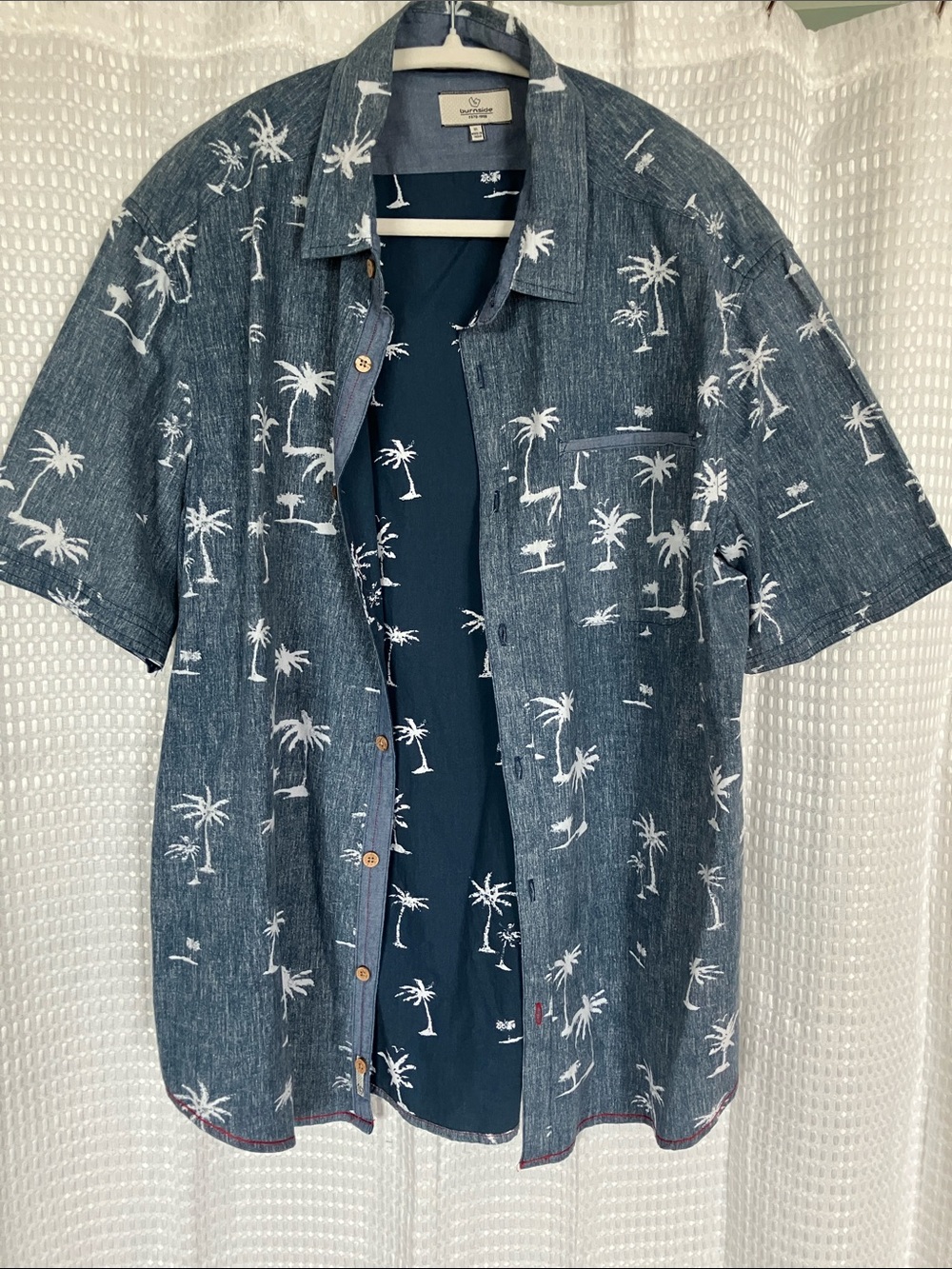 Burnside XL Hawaiian Camp Shirt Blue White Palm Tree Print Contrast Trim Cotton